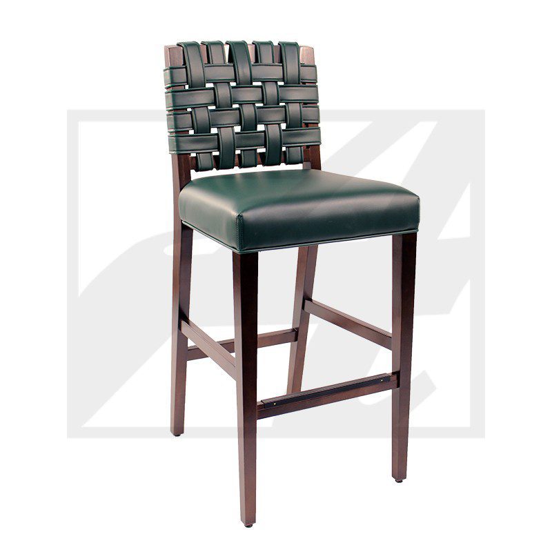 Stylish bar stool with woven backrest and cushioned seat.
