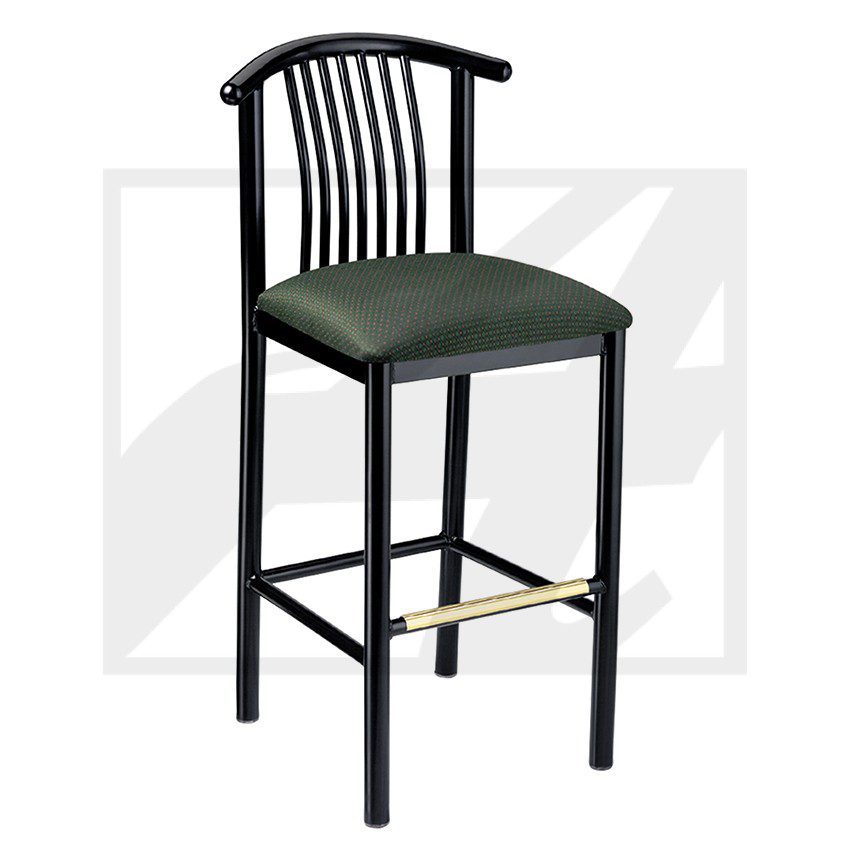 Black wooden bar stool with a green cushioned seat and curved backrest.