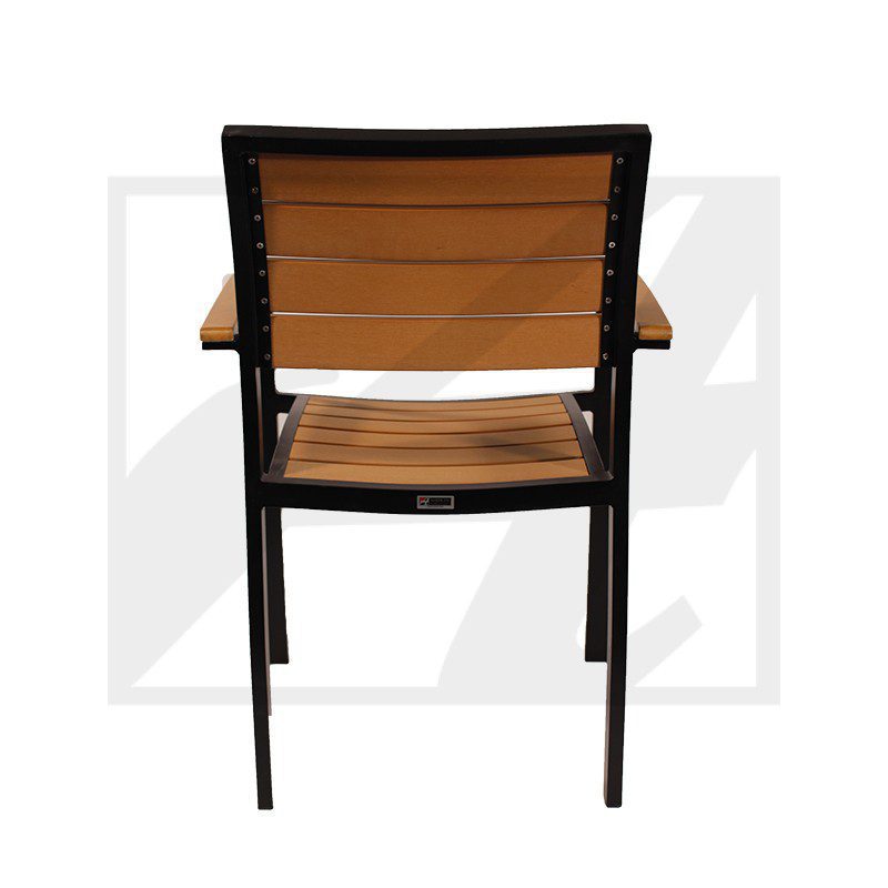 Back view of a modern wooden chair with black metal frame.