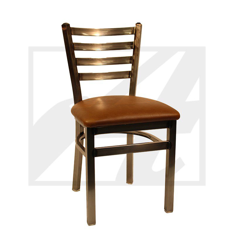 Wooden chair with a cushioned brown seat and ladder back design.