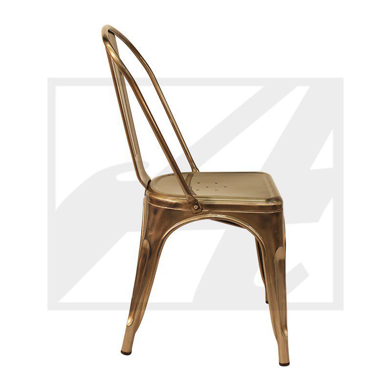 Rustic metal chair with a vintage design and curved backrest.