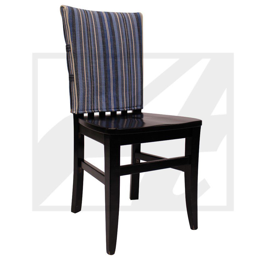Dark wooden chair with striped fabric backrest cover.