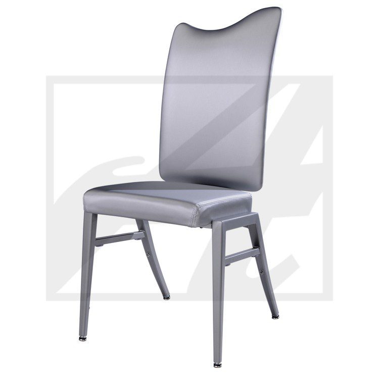 Modern gray padded dining chair with a high backrest.