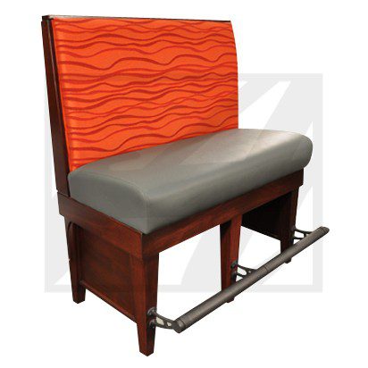Restaurant booth with orange backrest and gray seat.