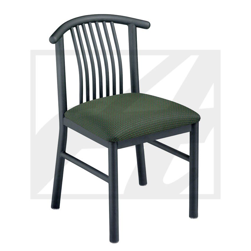 Black wooden chair with a green cushioned seat.