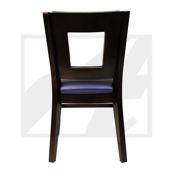 Modern dark wooden chair with a square cut-out backrest and cushioned seat.