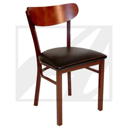 A wooden chair with a dark cushioned seat and curved backrest.