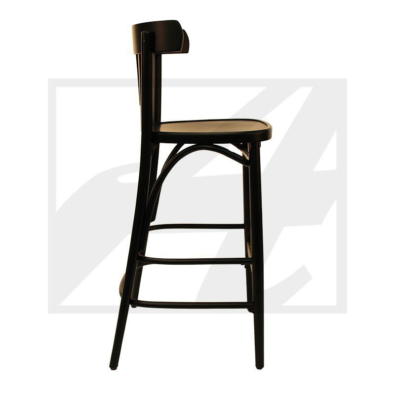 Side view of a black wooden bar stool with a curved backrest and footrest.