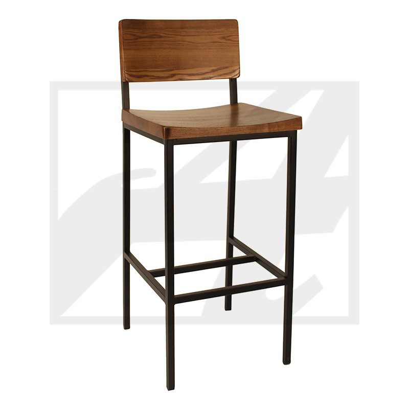 Wooden bar stool with black metal frame and footrest.