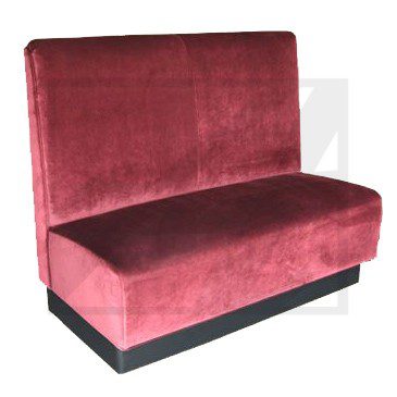 A plush red velvet booth seat with a black base.