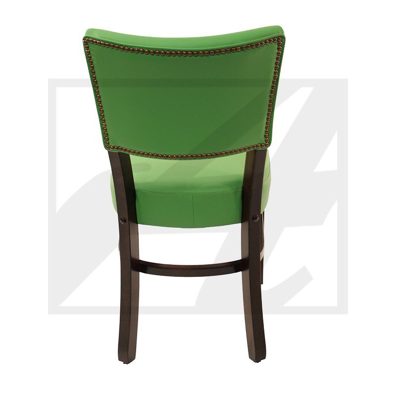 Green cushioned chair with dark wooden frame, viewed from the back.
