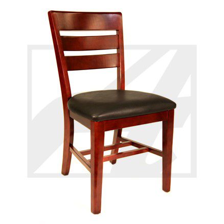Wooden dining chair with cushioned seat and ladder back design.