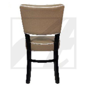 Back view of a beige cushioned chair with dark wooden legs.