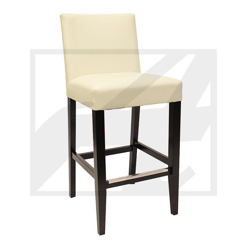 Cream upholstered bar stool with dark wooden legs.