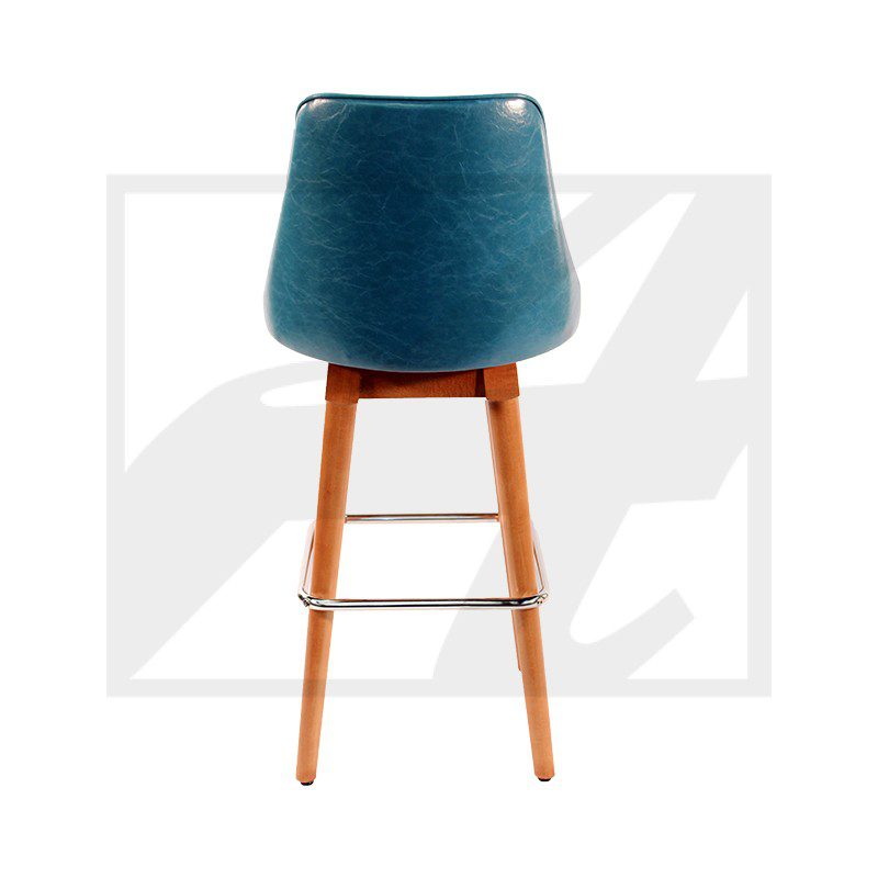 Modern teal bar stool with wooden legs and footrest.