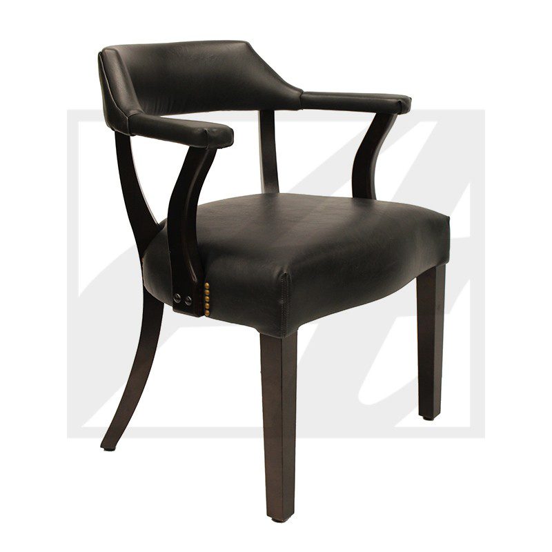 Elegant black leather armchair with wooden frame and curved armrests.