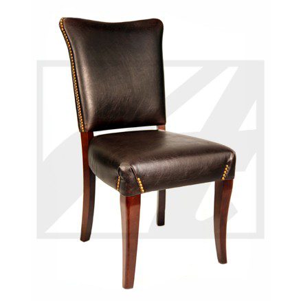 Elegant brown leather dining chair with wooden legs.