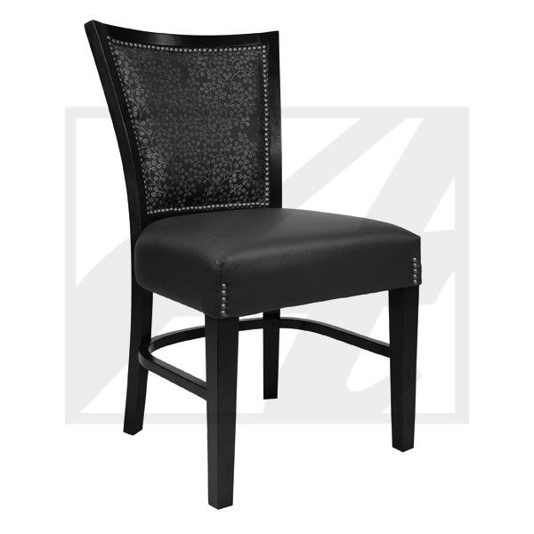 Modern black dining chair with cushioned seat and mesh backrest.
