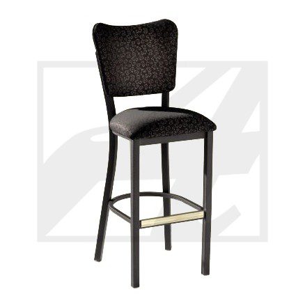 Black bar stool with a cushioned seat and woven backrest.