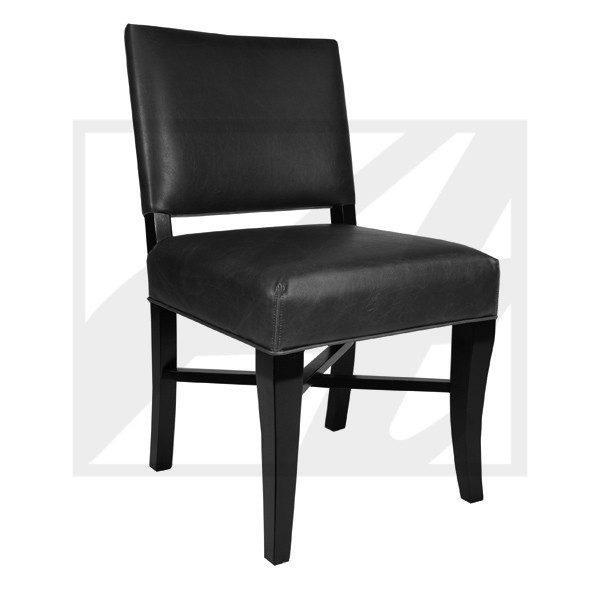 Elegant black leather dining chair with wooden legs.