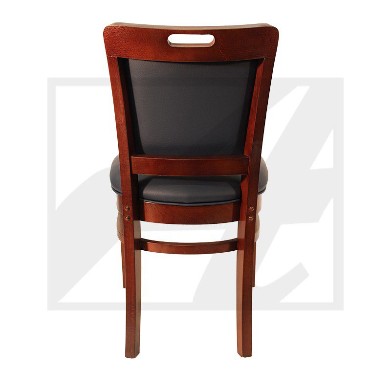Wooden chair with cushioned black backrest viewed from the rear.