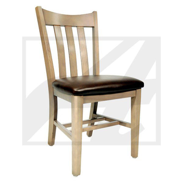 Wooden chair with a cushioned black seat.