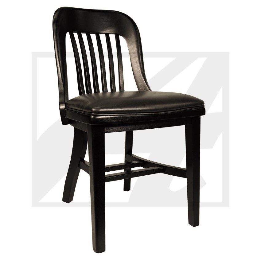 Black wooden chair with a slatted backrest and cushioned seat.