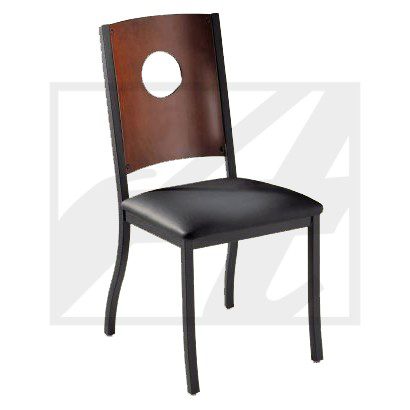 Modern wooden chair with a round cutout in the backrest and cushioned seat.