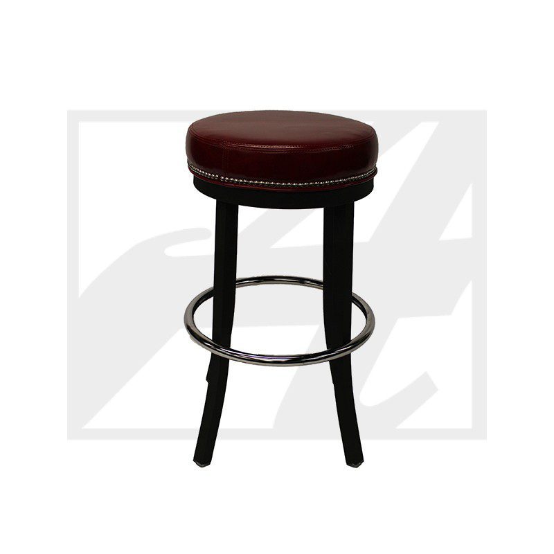 Simple round bar stool with a padded seat and metal footrest.