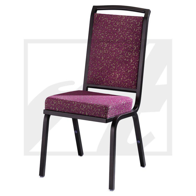 Purple padded banquet chair with black metal frame.
