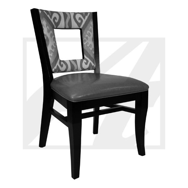 Elegant dark wooden chair with cushioned seat and decorative backrest.