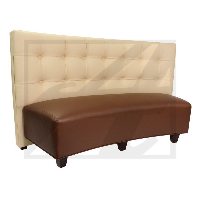 Curved brown leather bench with beige tufted backrest and dark wooden legs.