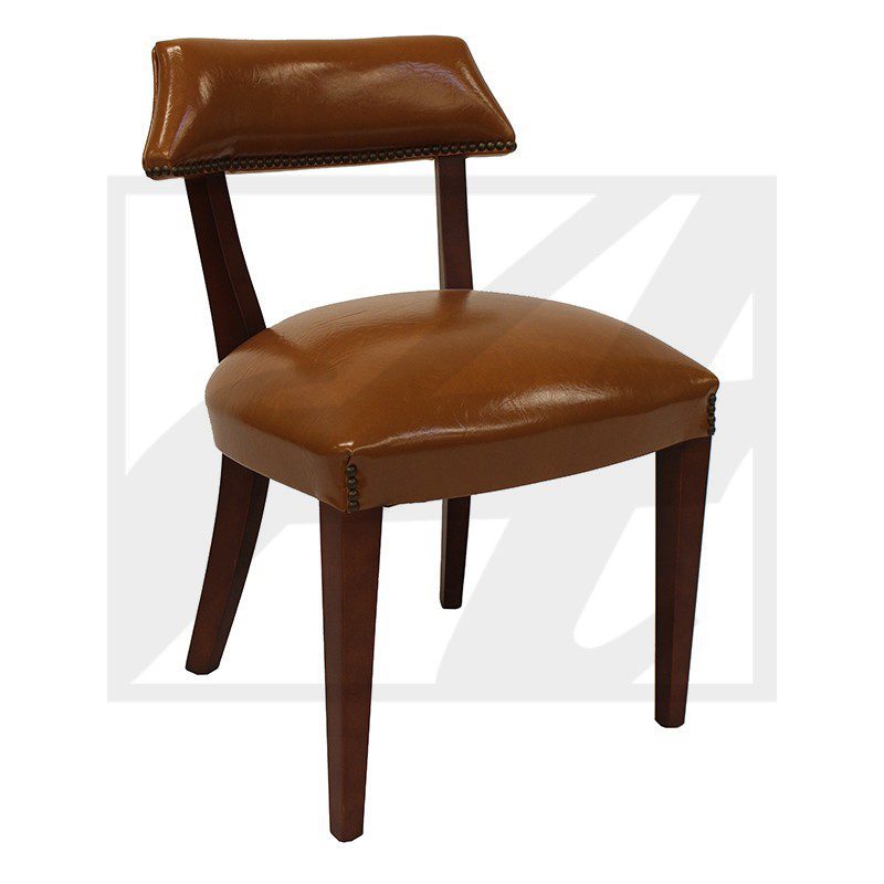 Brown leather chair with wooden legs and a cushioned backrest.