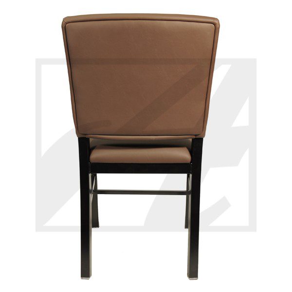 Rear view of a brown cushioned chair with black legs.