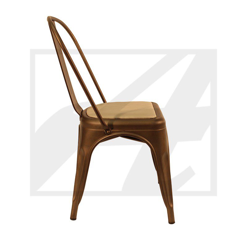 Brown metal chair with a minimalist design and curved backrest.