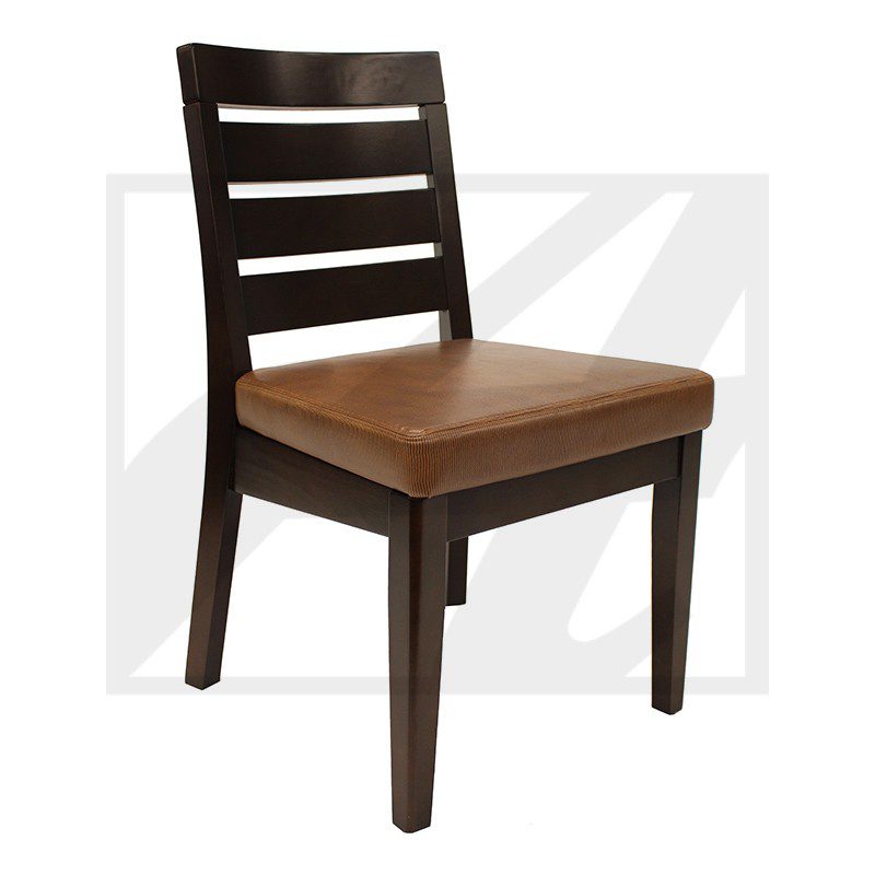Dark wood chair with a cushioned tan seat and slatted backrest.