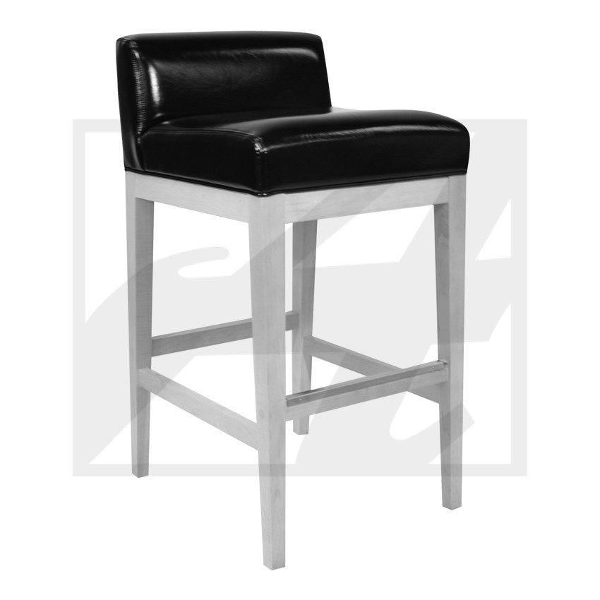 Black leather bar stool with white wooden legs.