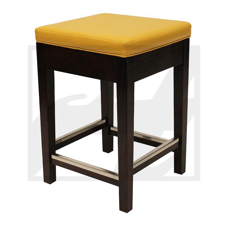 Square wooden stool with a yellow cushioned seat.