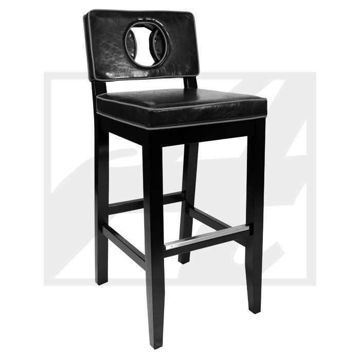 Black wooden bar stool with leather seat and backrest.