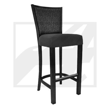 Black woven bar stool with cushioned seat and footrest.