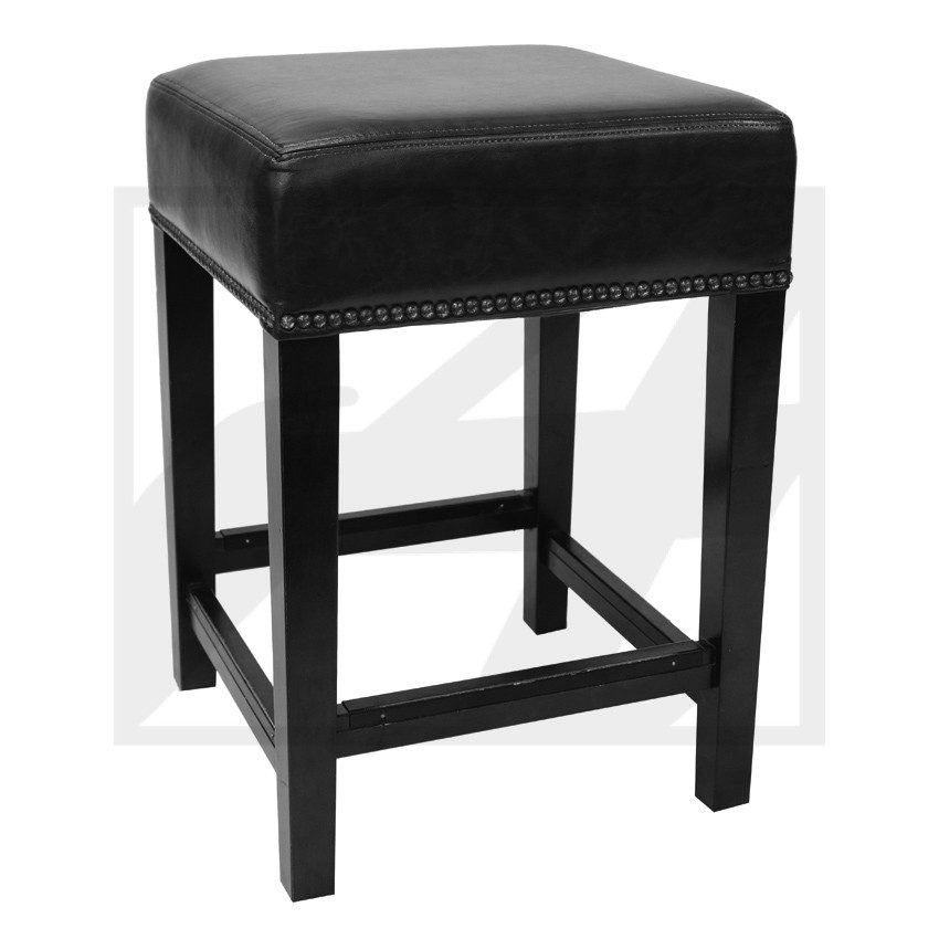 Black leather bar stool with wooden legs and nailhead trim.