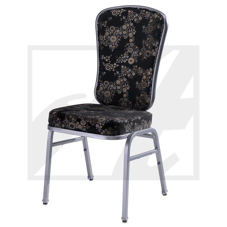 Elegant black floral banquet chair with silver legs.
