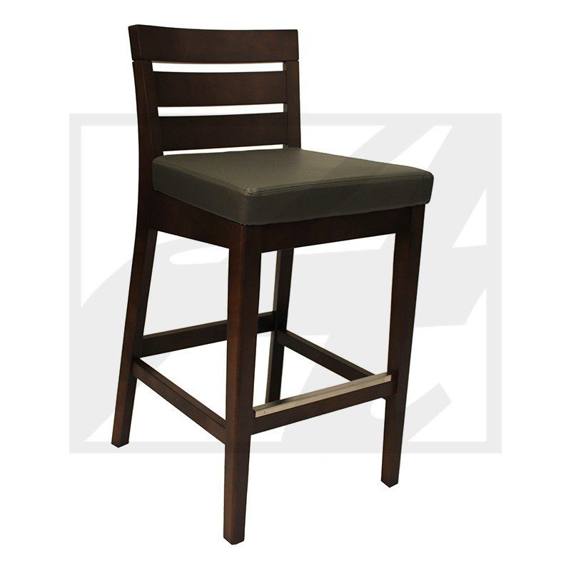 Dark wooden bar stool with cushioned seat and slatted backrest.
