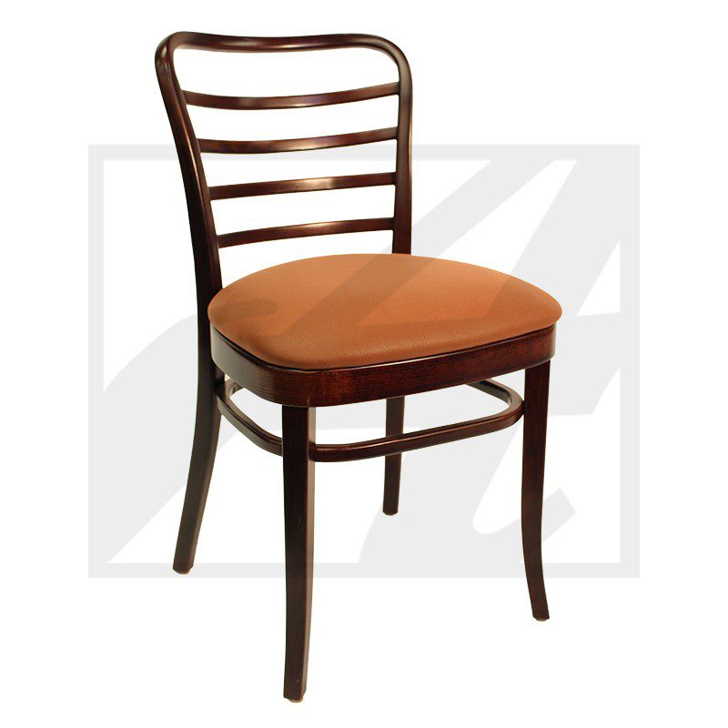 Wooden chair with a cushioned orange seat and curved backrest.