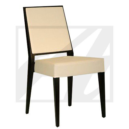 Elegant beige dining chair with dark wooden legs.