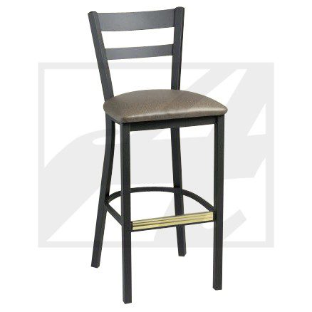Black bar stool with a cushioned seat and ladder back design.