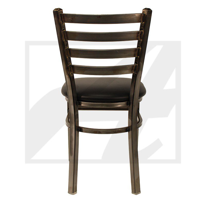Dark wooden chair with a cushioned seat and ladder back design.