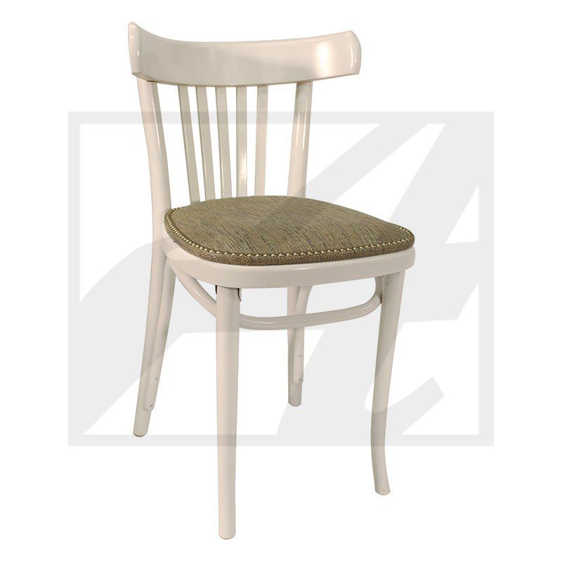 Elegant white wooden chair with cushioned green seat.