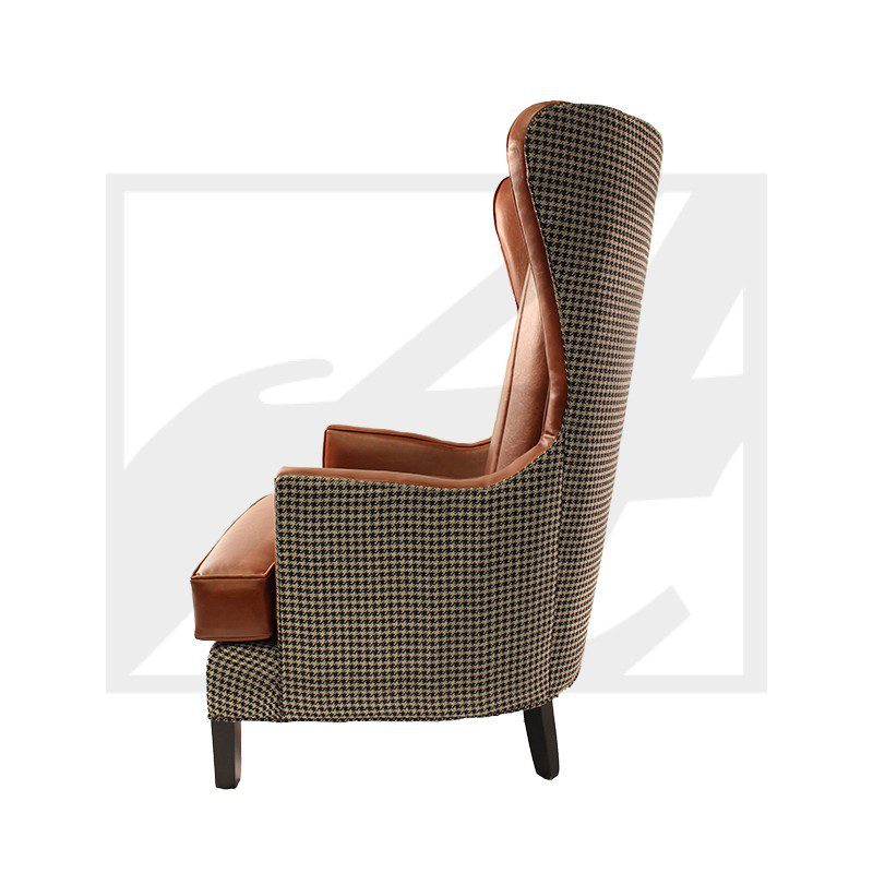 Elegant high-back armchair with patterned upholstery and wooden legs.
