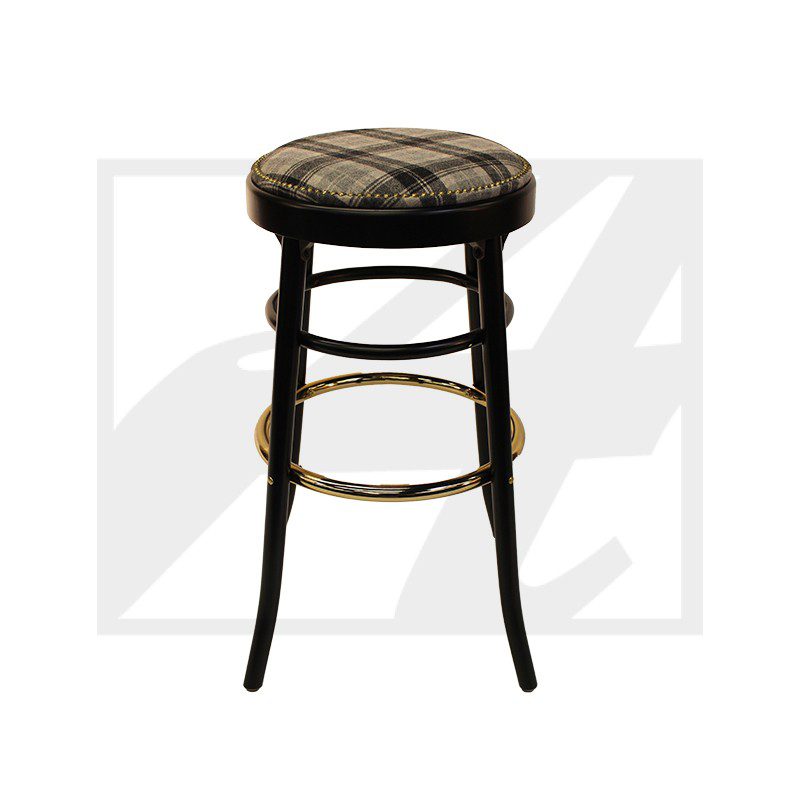 Tall black bar stool with a cushioned plaid seat and footrest.